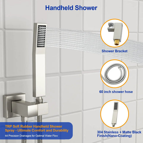 Dcolora 10 Inch Rain Shower System with Handheld Shower featuring a sleek handheld spray design and 60 inch shower hose.