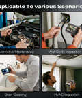 Four scenarios using the Boss HD Endoscope Camera With Light 1920P Borescope: car engine, wall, sink, HVAC inspection.