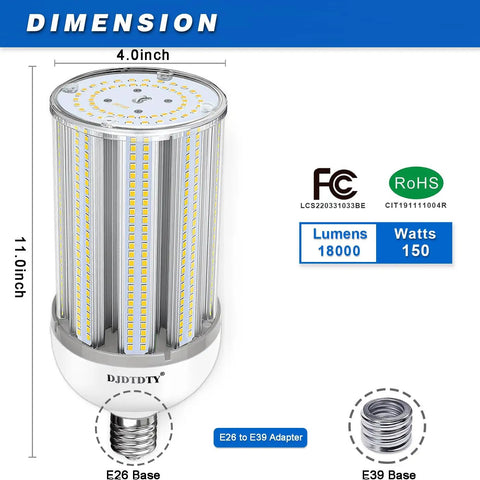 Two Pack 150W LED Corn Light Bulbs Ultra Bright 18000 Lumens For Garage Warehouse Workshop Barn E26 Base With E39 Adapter
