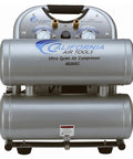Ultra Quiet Oil Free Air Compressor 2.0 Hp With 4.6 Gallon Tank features gauges, dual tank design, and sleek silver finish.
