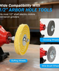 Image of 1/2 Inch Fixed Bore Shaft Arbor Extension For Bench Grinders with buffing and grinding wheels attached.