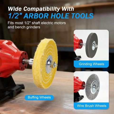 Image of 1/2 Inch Fixed Bore Shaft Arbor Extension For Bench Grinders with buffing and grinding wheels attached.
