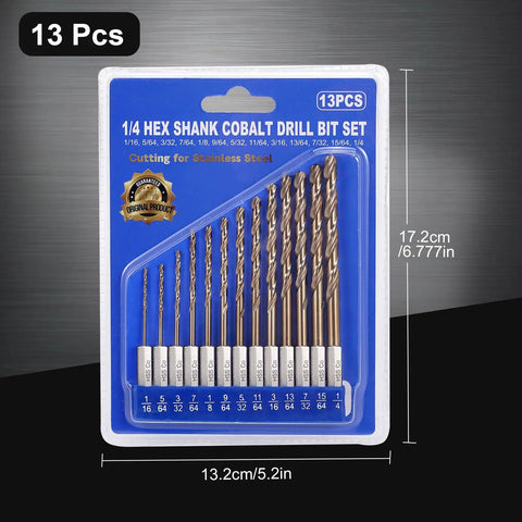 Boss Cobalt Drill Bit Set For Metal And Hardened Steel With M35 HSS Bits 13 Piece One Sixteenth To One Quarter Inch Twist Bits