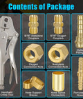 Contents of package showing crimp tool, couplers, nuts, and connectors from Hose Repair Kit With Crimper And Crimp Tool For 3/16 To 1/4 Inch ID Air Hoses Brass Fittings Welding Torch Hose Repair Kit For Oxygen And Acetylene Lines 49 Piece Set To Fix Leaks And Damaged Hoses.