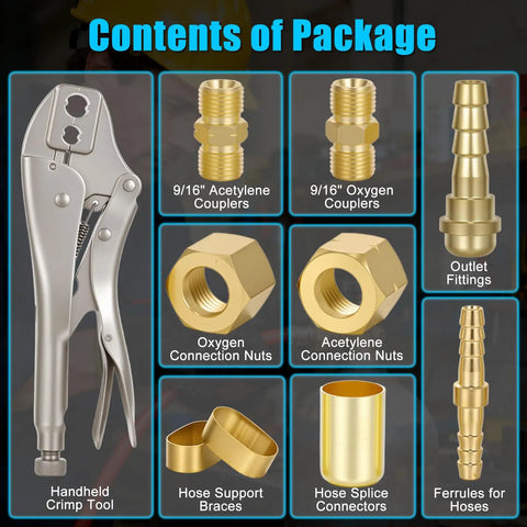 Contents of package showing crimp tool, couplers, nuts, and connectors from Hose Repair Kit With Crimper And Crimp Tool For 3/16 To 1/4 Inch ID Air Hoses Brass Fittings Welding Torch Hose Repair Kit For Oxygen And Acetylene Lines 49 Piece Set To Fix Leaks And Damaged Hoses.