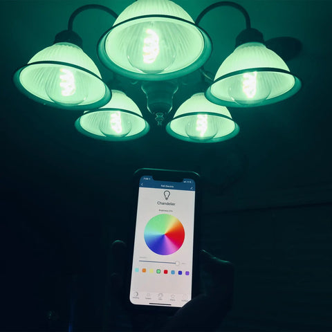 Smart Filament Globe Light Bulb 60W Equivalent WiFi Dimmable with Alexa and Google Assistant displayed in ceiling chandelier