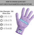 Pro Chef Cut Resistant Kitchen Gloves EN388 Level 5, Food Grade Safety Gloves For Oyster Shucking, Filleting Fish, Mandolin Slicing, Meat Cutting And Wood Carving, Violet Medium, 2 Pairs shown with size chart