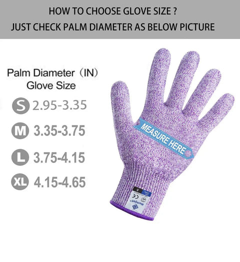 Pro Chef Cut Resistant Kitchen Gloves EN388 Level 5, Food Grade Safety Gloves For Oyster Shucking, Filleting Fish, Mandolin Slicing, Meat Cutting And Wood Carving, Violet Medium, 2 Pairs shown with size chart