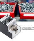 Heavy Duty Automatic Screw Feeder Machine with adjustable conveyor and screws in red bins in the background.