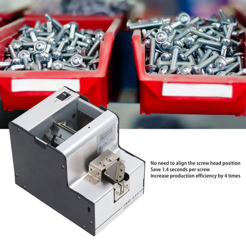 Heavy Duty Automatic Screw Feeder Machine with adjustable conveyor and screws in red bins in the background.