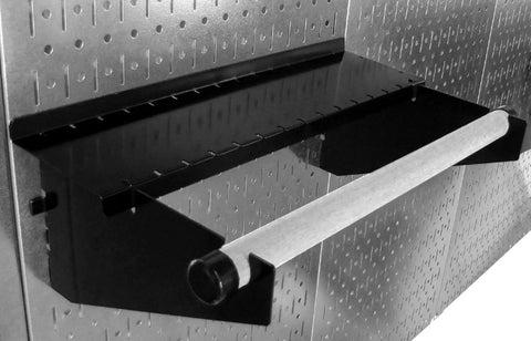 Beefy Heavy Duty Pegboard Paper Towel Holder And Dowel Rod Shelf For Slotted Tool Boards Black Finish Wall Mount Organizer in use