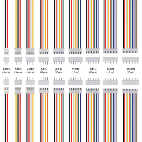 JST XH 2.54mm Connector Kit 90 Pair Set With 2 3 4 5 6 7 8 9 10 Pin Headers Male And Female Plugs, color-coded wires