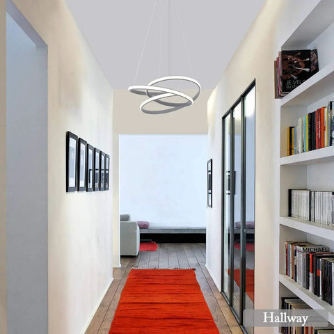 Modern LED Ring Pendant Light Fixture For Dining Rooms And Kitchen Islands, Ceiling mounted in a hallway, acrylic grey design.