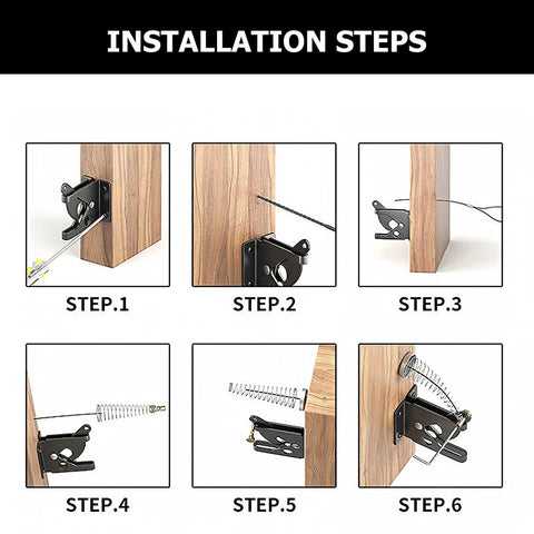 Installation steps for WUUWCHODC 2 Sets Spring Gate Latch Replacement Kit for Wood Fence, showing assembly on wooden posts.
