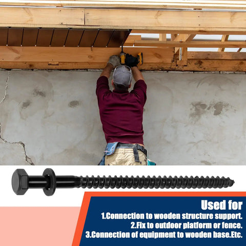 Worker using 100 Pack 5/16 X 5 Inch Hex Head Lag Bolts For Wood And Ceramic With Black Coated Finish And 100 Washers on deck