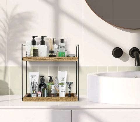 Two Tier Bathroom Organizer For Countertop And Vanity, Wooden Double Tray Shelf with toiletries, Rustic Storage with Non Slip Mat