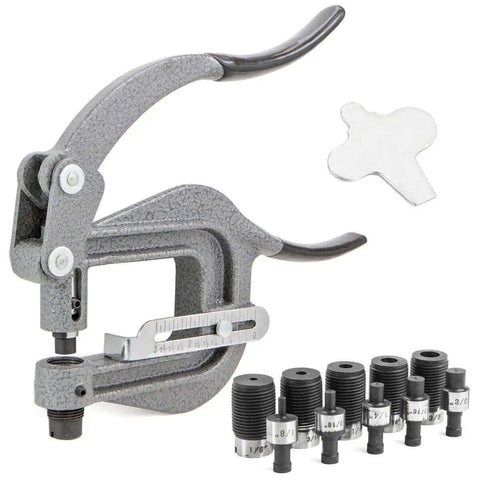 Deep Throat Sheet Metal Rivet Hole Punch Kit with Handy Portable Hand Tool and Six Die Sizes 1/8 to 7/16 inch, grey metal tool