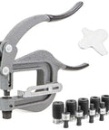 Deep Throat Sheet Metal Punch Kit With Six Die Sizes For Rivet Holes, Hand Punch Tool Includes 1/8 Inch, 3/16 Inch, 1/4 Inch, 5/16 Inch, 3/8 Inch, 7/16 Inch, 3-1/4 Inch Throat, 5/8 Inch Jaw Opening, 12 Gauge Capacity, Durable Metalworking Punch.