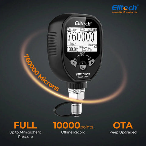 Full Range Micron Gauge For HVAC And Refrigeration, Wireless Digital Vacuum Meter From Zero To Seven Hundred Sixty Thousand Microns, Adapter Included, App Alarms, Offline Recording, One Quarter Inch SAE Port. black digital gauge front view