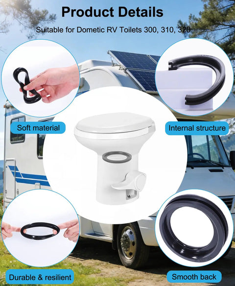 RV Toilet Seal Replacement Kit For Campers And Travel Trailers Flush Ball Gasket Seal For 300 310 320 Toilets Part 385311658 Durable Rubber Easy Install Fix Leaks And Odors 2 Pack, black rubber seal shown with RV toilet