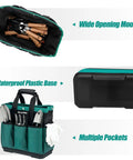 Heavy Duty Garden Tool Tote With Molded Bottom And 10 Pockets Reinforced Go To Workhorse Tool Bag Top Snap Closures, interior view with tools.