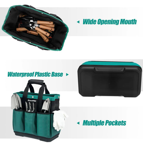 Heavy Duty Garden Tool Tote With Molded Bottom And 10 Pockets Reinforced Go To Workhorse Tool Bag Top Snap Closures, interior view with tools.