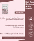 Aritha Soap Nut Powder package with hair care instructions and icons for mixing, applying, and rinsing.