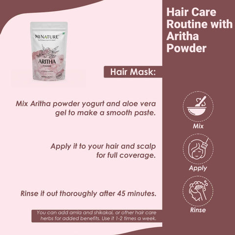 Aritha Soap Nut Powder package with hair care instructions and icons for mixing, applying, and rinsing.