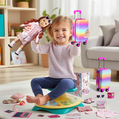 Child holding 18 Inch Doll Travel Play Set with luggage, doll, and accessories for imaginative adventures in real-life vibes.