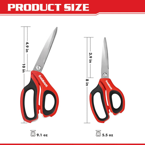 Go To Workhorse Heavy Duty Scissors Set 2 Piece Multipurpose Shop Shears 8 Inch And 10 Inch Non Slip TPR Grips Ergonomic Handles Durable Steel For Fabric Cardboard Duct Tape And More, product size chart