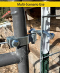 Close-up of Heavy Duty T-Post Gate Hinge Kit With Galvanized Pins For Chain Link Fences installed on a gate.
