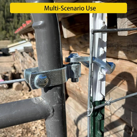 Close-up of Heavy Duty T-Post Gate Hinge Kit With Galvanized Pins For Chain Link Fences installed on a gate.