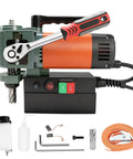 1380W Portable Magnetic Drill Press Low Profile Mag Drill Machine With 3/4" Annular Cutter Powerful 680Rpm Steel Job Site Tool For Industrial Metalworking Professionals close-up with attachments and tools