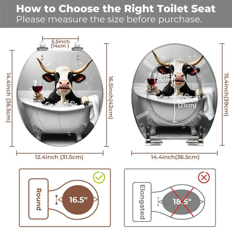 Round Toilet Seat Resin for Farmhouse Bathroom size guide with measurements and cartoon cow illustration.