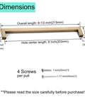 Dimensions of 10 Pack 8 Inch Hole Center Champagne Cabinet Pulls In Stainless Steel Square Drawer Handles shown with screws