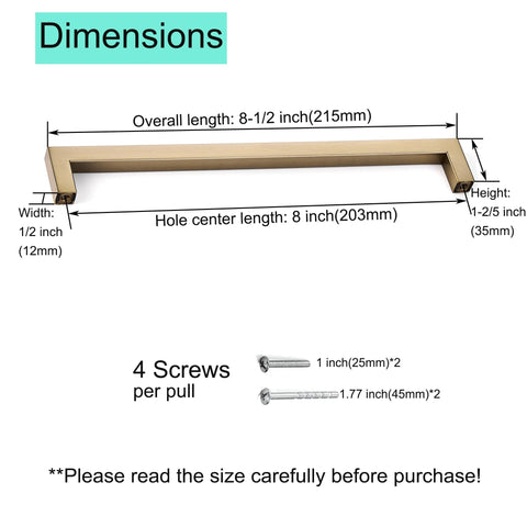 Dimensions of 10 Pack 8 Inch Hole Center Champagne Cabinet Pulls In Stainless Steel Square Drawer Handles shown with screws