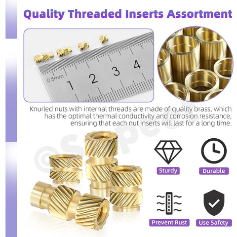 Heavy Duty Assorted Black Zinc Plated Hex Socket Screws And Brass Knurled Insert Kit With Matched Allen Keys Washers Nuts in a close-up view.