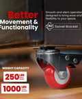 Close-up of red polyurethane swivel plate caster wheel with brake, mounted under furniture. Four Pack Swivel Plate Caster Wheels With Brakes In Red Polyurethane, 3 Inch Locking Casters For Furniture, Carts, And Equipment, Durable Plate Mount, Smooth Rolling, 65mm Plate Size And 45mm Hole Center.