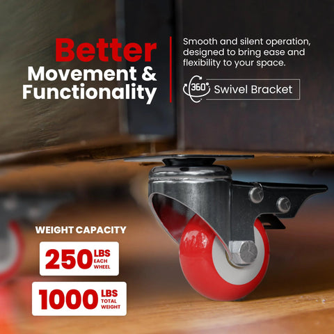 Close-up of red polyurethane swivel plate caster wheel with brake, mounted under furniture. Four Pack Swivel Plate Caster Wheels With Brakes In Red Polyurethane, 3 Inch Locking Casters For Furniture, Carts, And Equipment, Durable Plate Mount, Smooth Rolling, 65mm Plate Size And 45mm Hole Center.