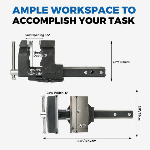 Ample workspace with heavy duty 6 inch hitch vise grips, jaw opening 5.5 inches, designed for secure mounting.