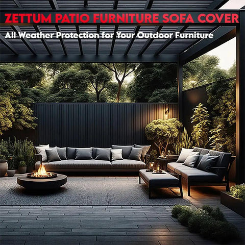 Outdoor setting with couches and plants under a pergola, showing 48 Inch Patio Loveseat Cover 600D Waterproof Heavy Duty Outdoor Sofa Cover.