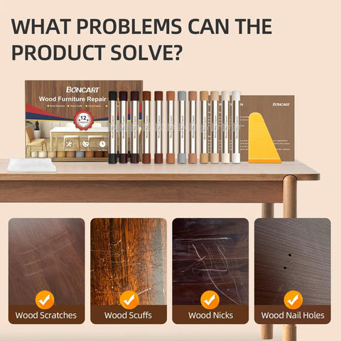 12 Colors Wood Filler Sticks Wax Crayons For Quick Fixes On Wood Furniture Floors Cabinets Tables And Doors Repair Scratches Scuffs Cracks And Nail Holes With Easy Color Matching Kit displayed on table with color samples.