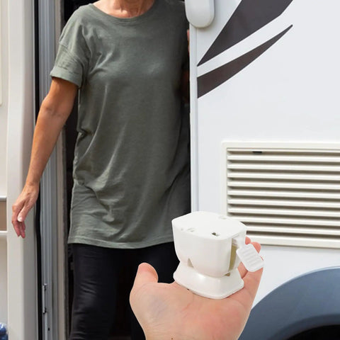 Heavy Duty Rv Door Catch Keeps Enclosed Trailer And Camper Entry Secure With Easy Install Sturdy Locking Mechanism Plastic Holder in hand.