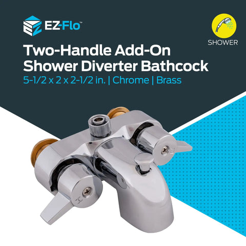 Two-Handle Add-On Shower Diverter Bathcock In Chrome Plated Brass, Fits Most Tubs, Easy Conversion From Bath Faucet, Ideal For Clawfoot And Roll-Top Bathtubs, Durable, Modern Chrome Finish, Model 11129