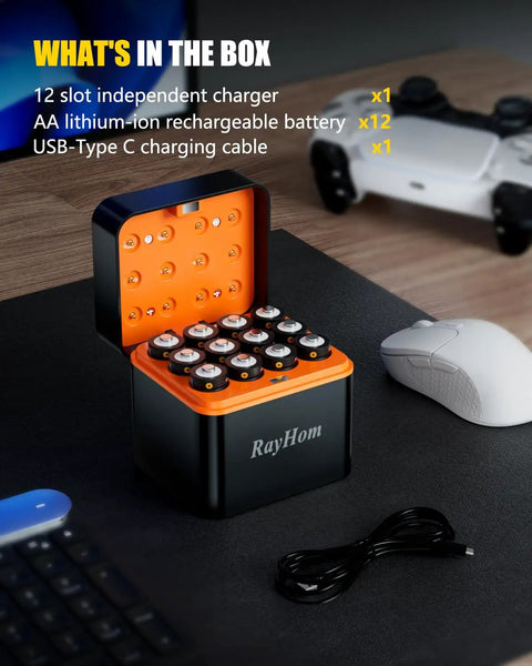 12 Pack Heavy Duty Rechargeable AA Lithium Batteries With Rapid Charger in a 12 slot charger, USB-Type C cable included.
