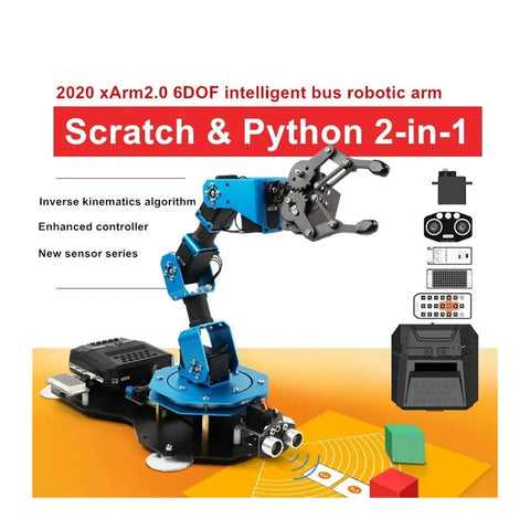Six DOF Aluminum Robotic Arm Kit With Serial Bus Servo For Scratch And Python Education For Gearheads Inverse Kinematics Multiple Control Methods Self Learning Drawing And Imitation For Creative Coding Projects, blue aluminum arm