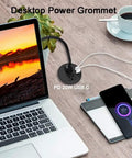 Desk Power Grommet With PD 20W USB C Hub Recessed Outlet Strip With USB Port 2 AC Outlets And 3 USB Chargers 6.56 Ft shown on desk