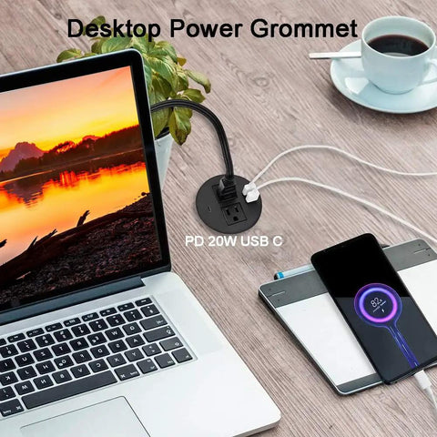 Desk Power Grommet With PD 20W USB C Hub Recessed Outlet Strip With USB Port 2 AC Outlets And 3 USB Chargers 6.56 Ft shown on desk