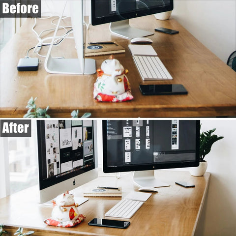 Before and after cable management with 4 Pack Desk Grommet Kit With 2 Inch Hole Includes Hole Saw Drill Attachment And 6 Cable Ties