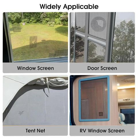 Heavy Duty Window Screen Repair Tape And Mesh Patch Kit 2 Inches By 16 Feet Long Black Adhesive Strip shown on various screen applications.